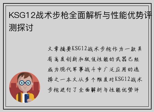 KSG12战术步枪全面解析与性能优势评测探讨 KSG12战术步枪全面解析与性能优势评测探讨